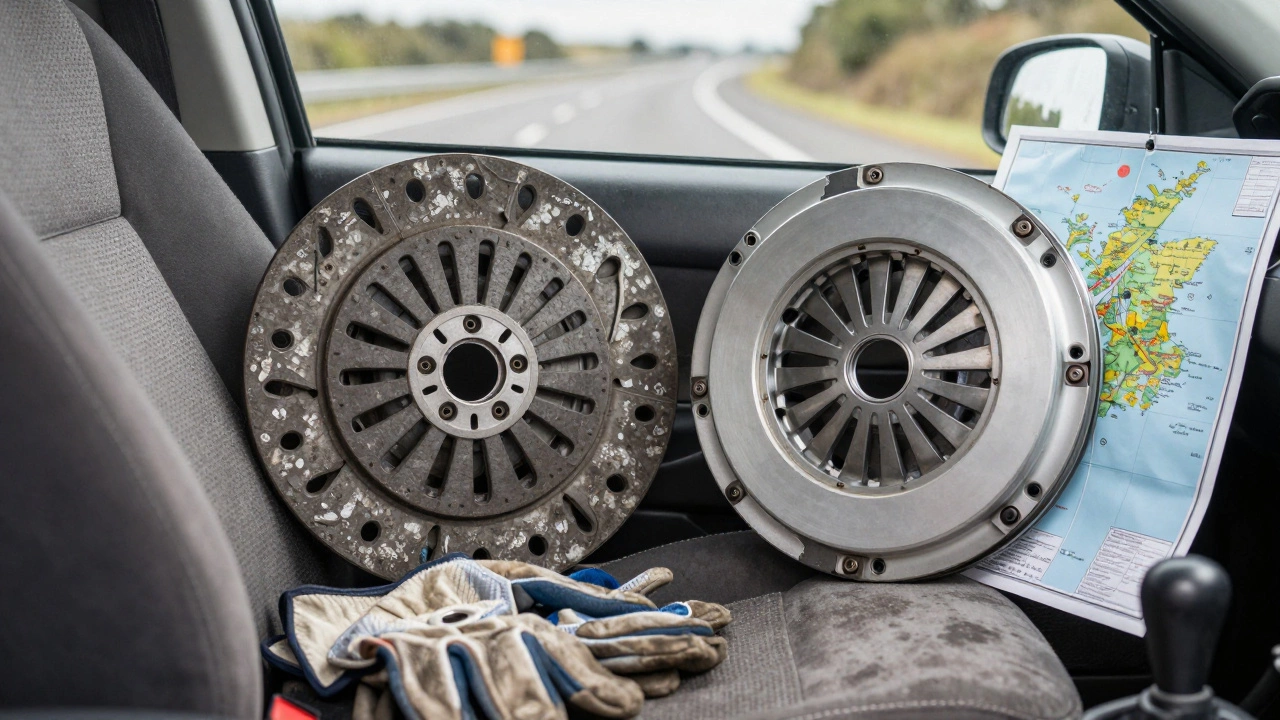 A pristine clutch disc beside a worn one on a driver’s seat, with gloves and a Scottish map, showing how driving behavior determines clutch longevity.
