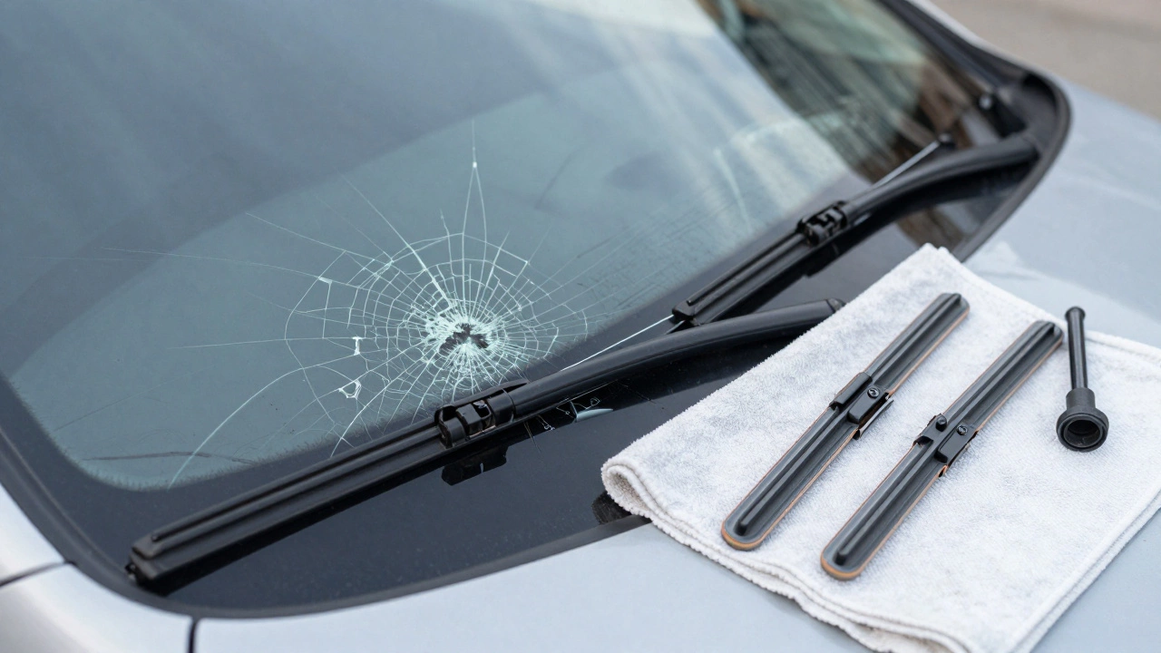 A scratched windshield next to correct wiper blades and a damaged wiper arm.