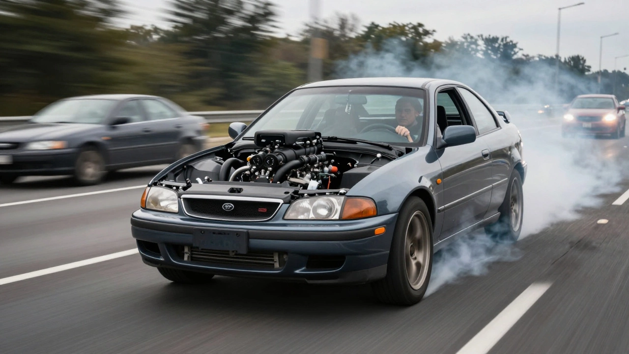 Car sputtering violently while accelerating on a highway, driver reacting to sudden power loss.