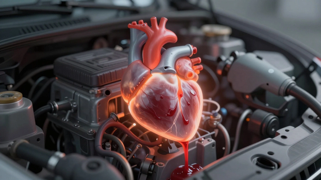 Conceptual image of a fuel pump as a fading heart with draining fuel lines.