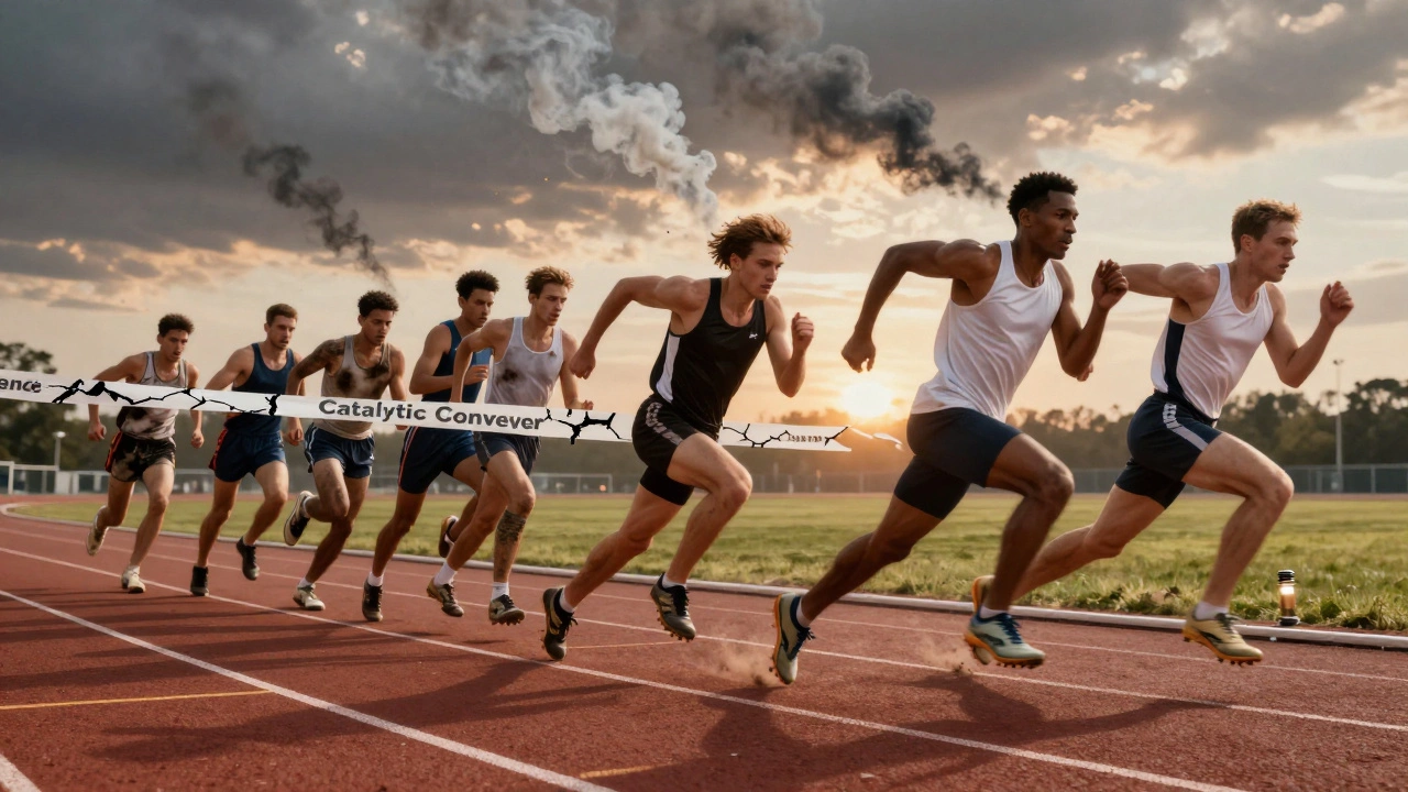 Conceptual image of engine cylinders as runners, some lagging and others sprinting ahead in imbalance.