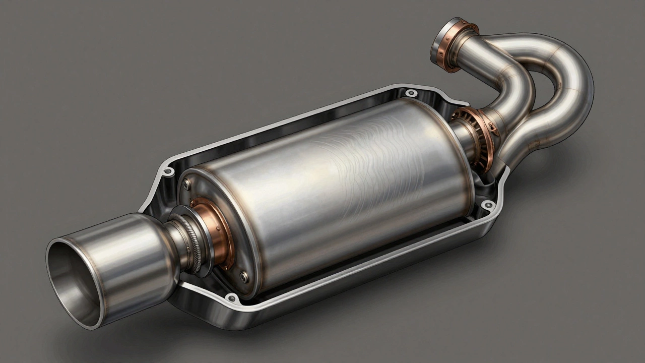 Cross-section diagram of a performance exhaust system showing smooth pipes and chambered muffler design.