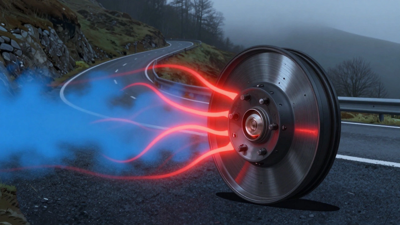 Cross-section diagram showing heat escaping from brakes through alloy wheels on a hilly road.