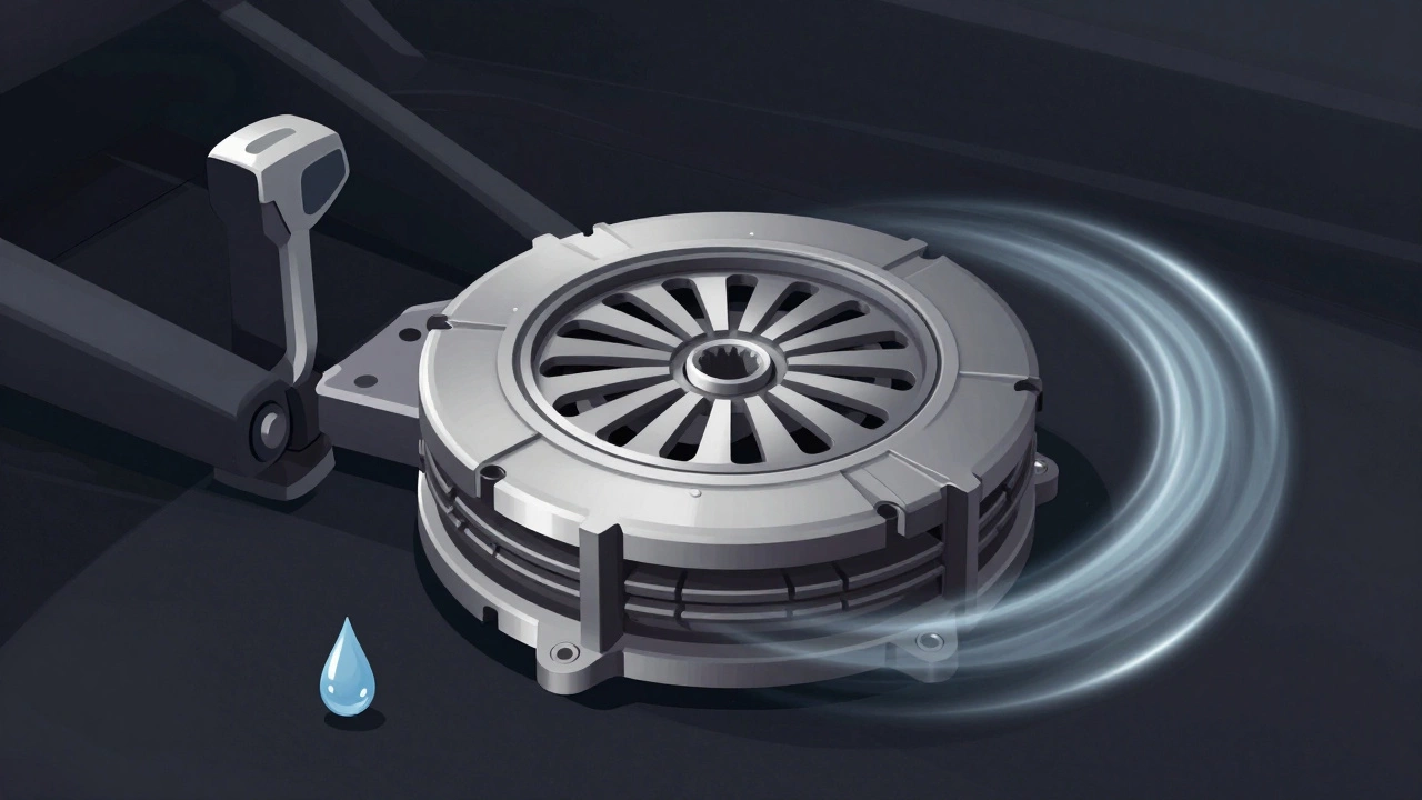 Cross-section of a clutch system with clean brake fluid and smooth gear shift symbols, illustrating proper maintenance and driving habits for long clutch life.
