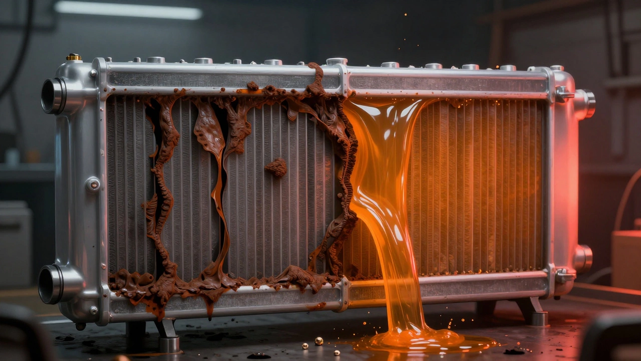 Cross-section of corroded radiator with sludge clogging cooling passages.