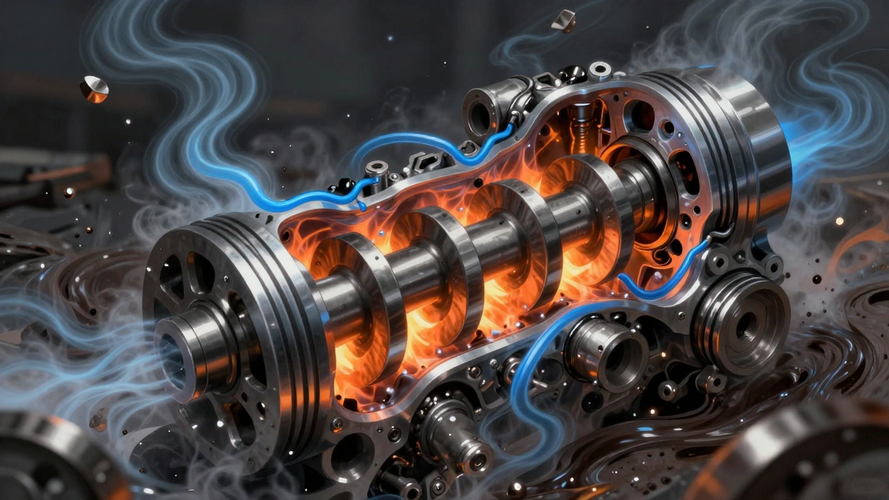 Cross-section of engine parts grinding without lubrication, surrounded by sludge and heat waves.