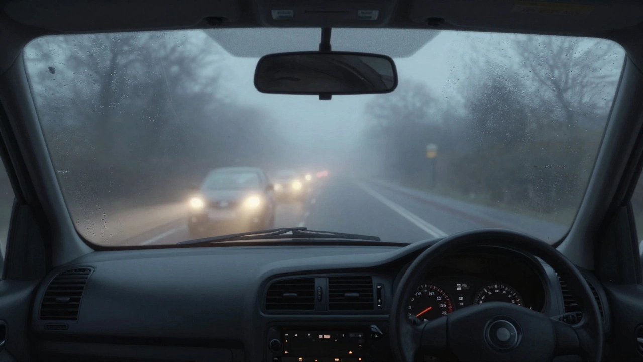 Driver's view through a foggy windshield with blind spots from an undersized wiper blade.