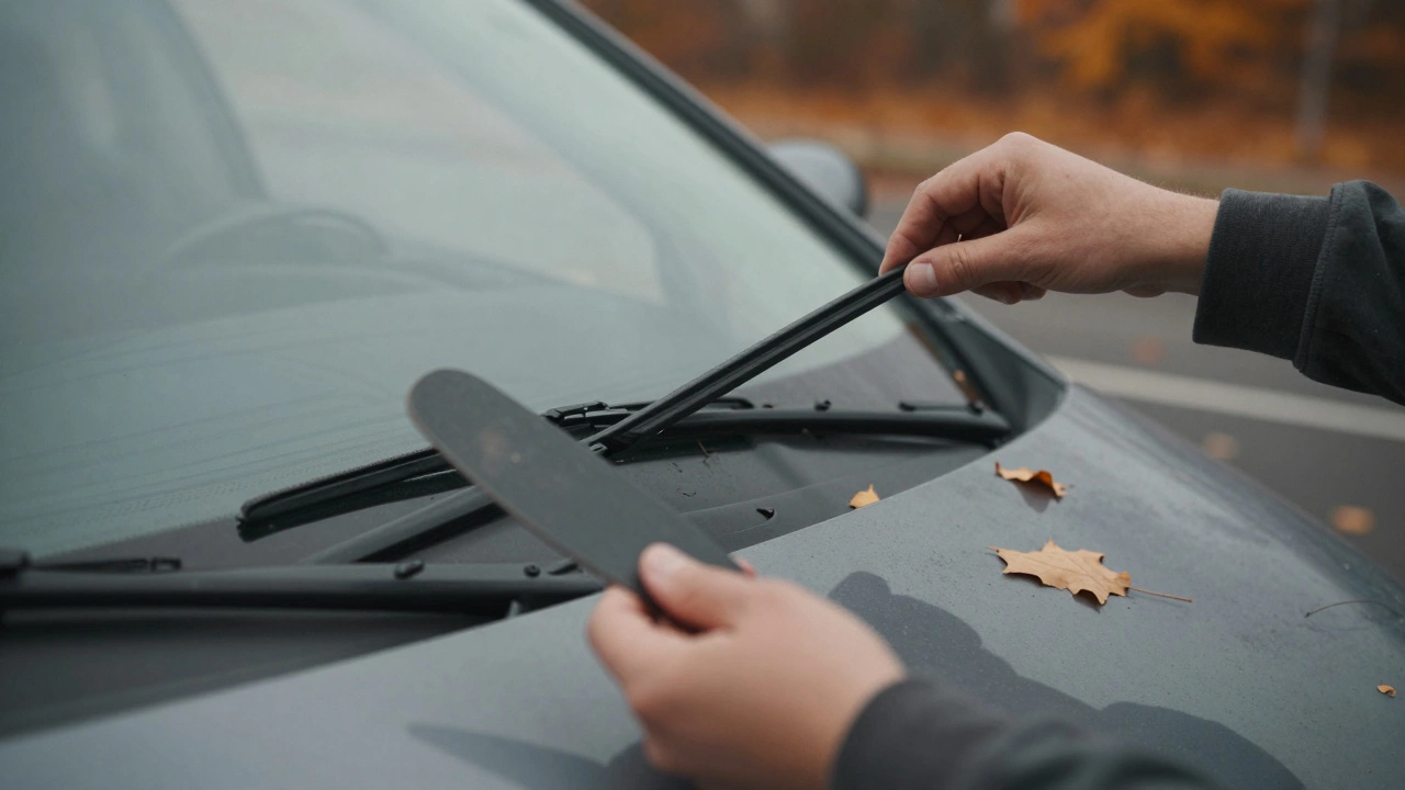 Driver inspecting wiper blade rubber edge during autumn, holding replacement blade.