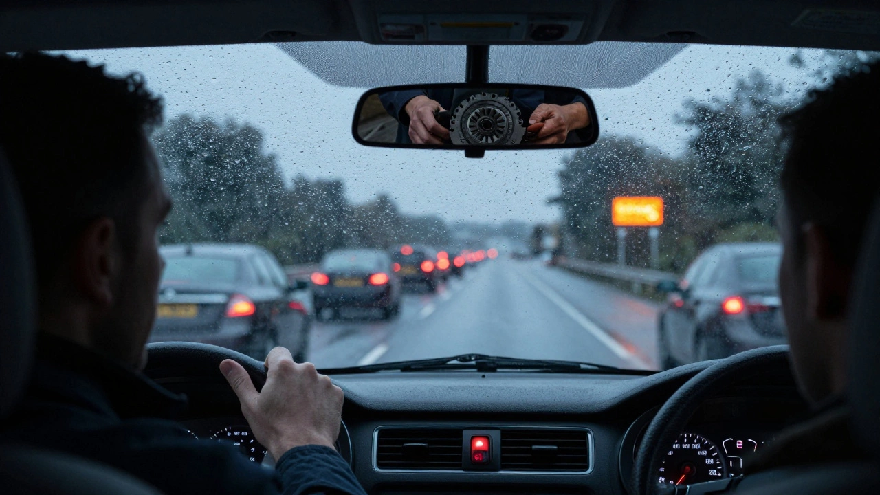 Driver on rainy motorway looking at dashboard, mechanic's hands holding worn clutch in mirror.