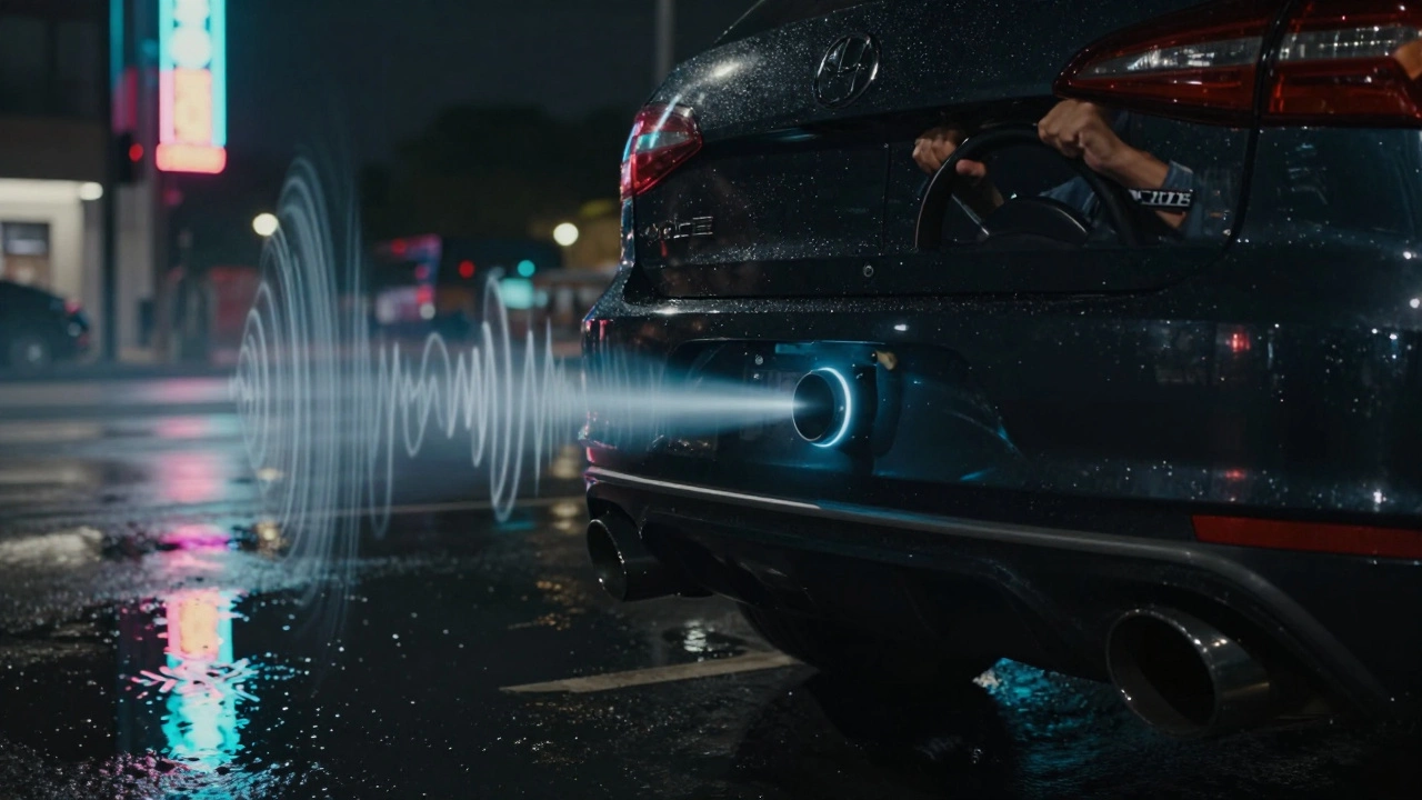 Driver smiling at night as sound waves ripple from exhaust pipes across a wet urban street.