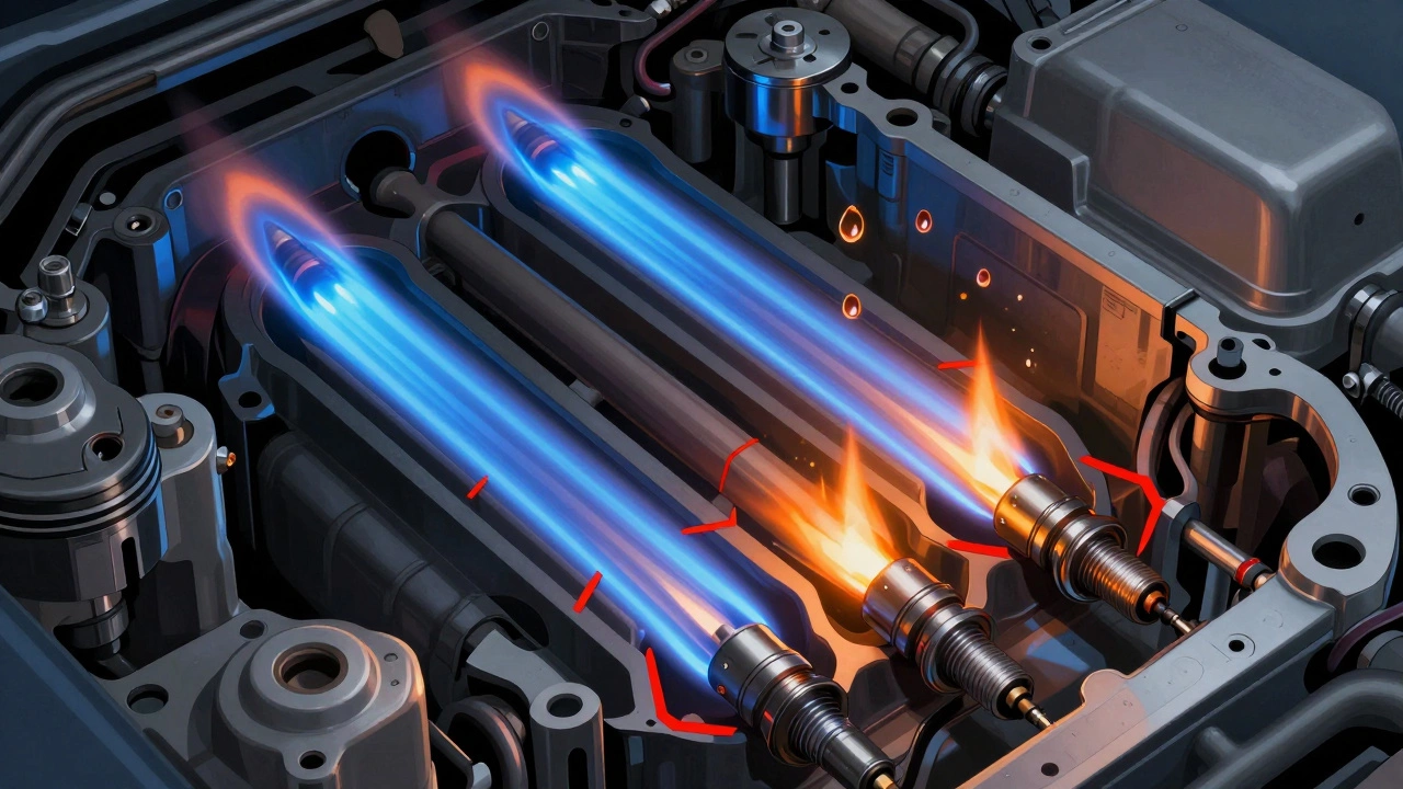 Engine cross-section with uneven ignition flames, highlighting misfires from old versus new spark plugs.
