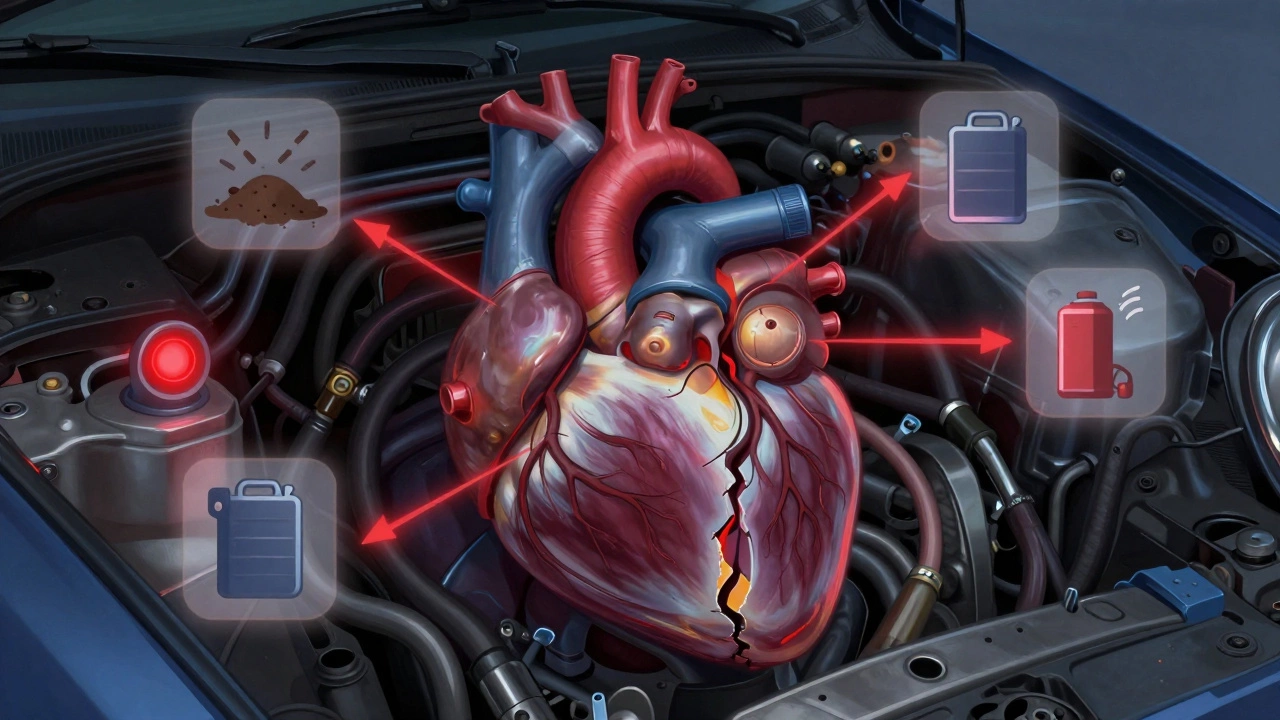 Engine depicted as a failing heart with fuel pump as a cracked organ and warning symbols.