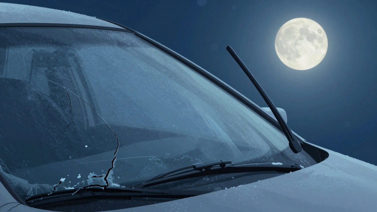 Frozen wiper blade stuck to icy glass beside a safely raised wiper arm, showing damage vs prevention.