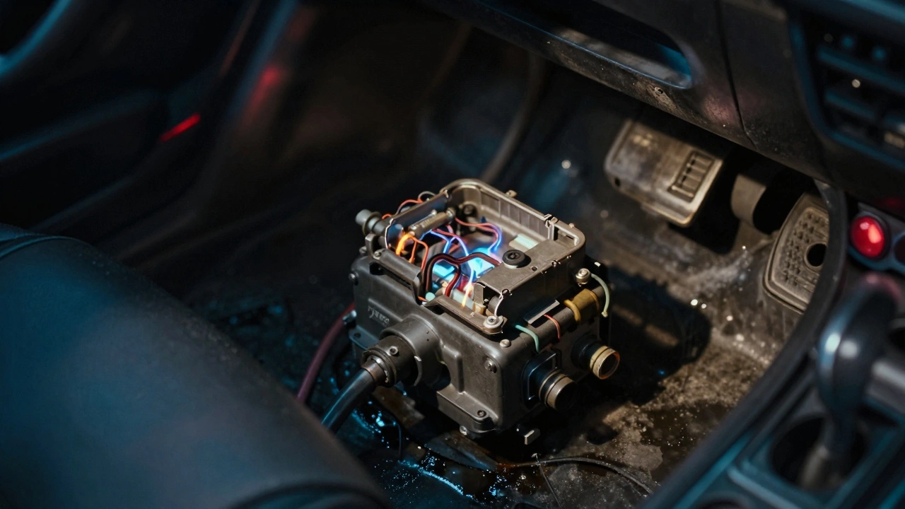 Fuel pump module inside car tank showing electrical arcing and faint fuel vapors.