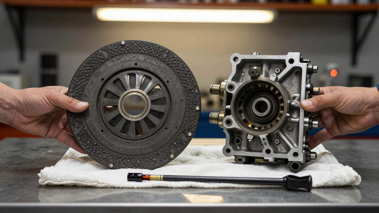 Mechanic holding worn clutch and transmission parts side by side.