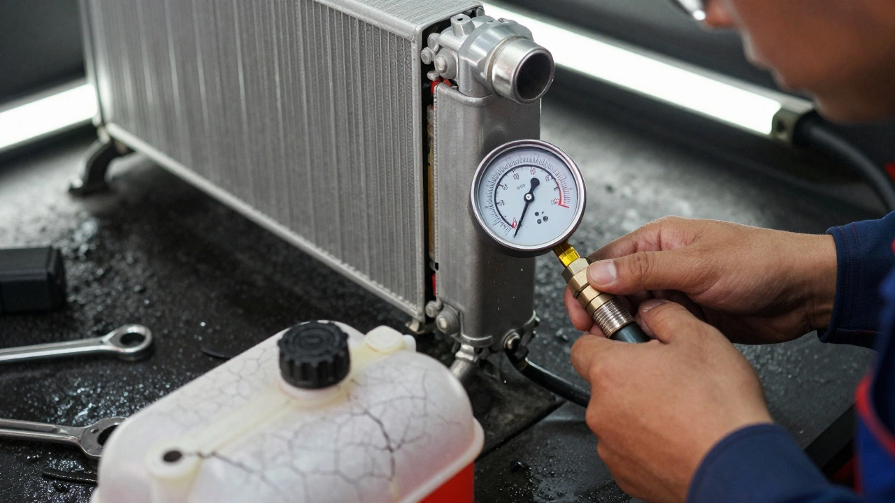 Mechanic testing radiator under pressure with coolant seeping from a crack.