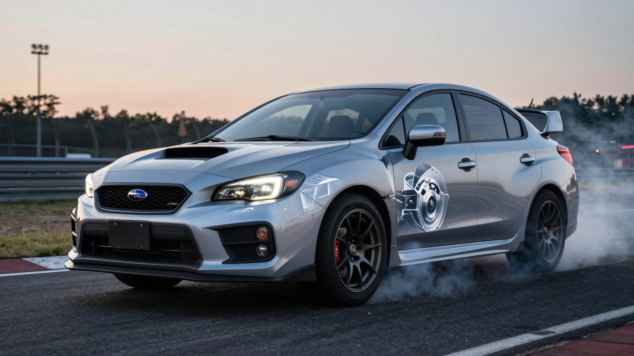 Modified Subaru WRX launching on track with transparent clutch mechanism showing perfect engagement.