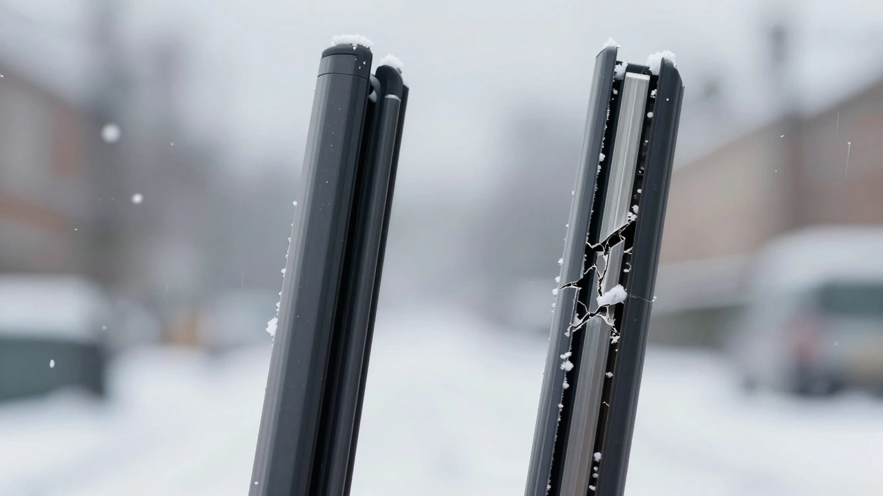 Side-by-side comparison of new and degraded wiper blades with cracked rubber.