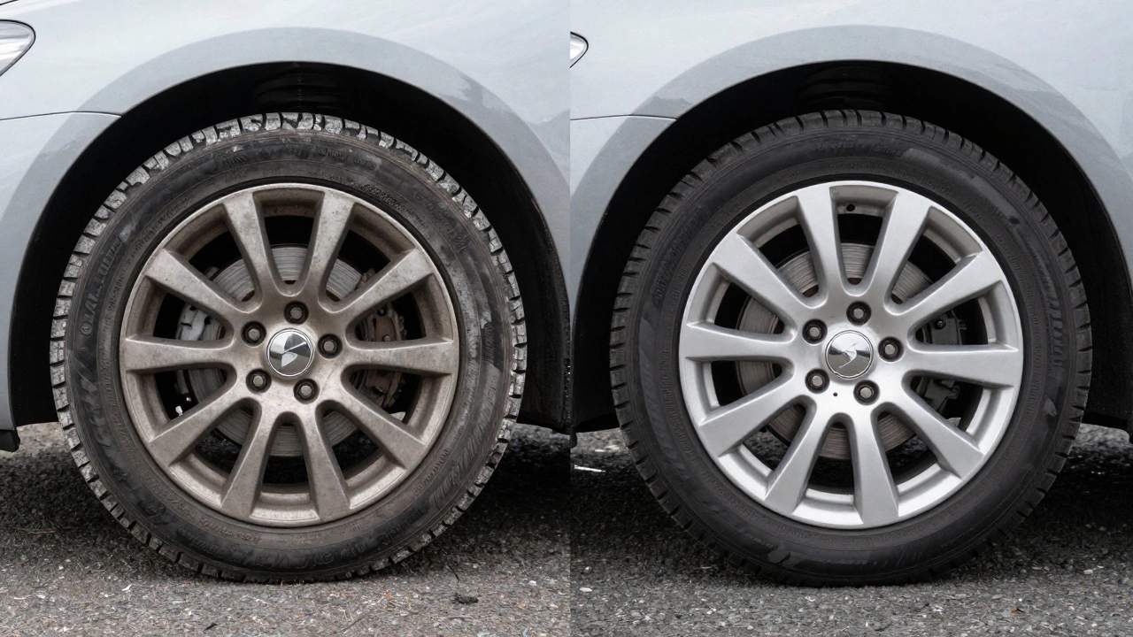 Side-by-side comparison of worn steel wheel versus clean alloy wheel on identical cars.