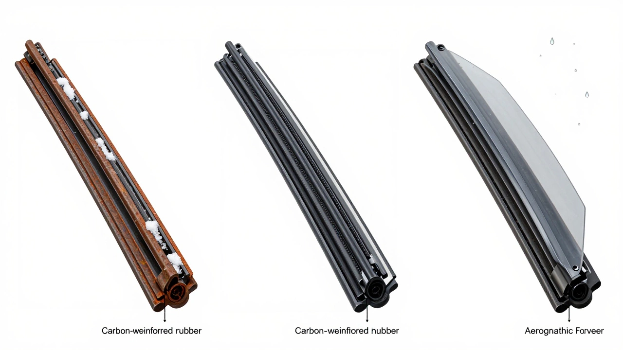 Side-by-side technical diagram of three wiper blade designs showing material differences and ice buildup.