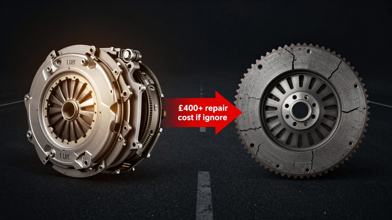 Split diagram showing new clutch components versus damaged flywheel with warning arrow.