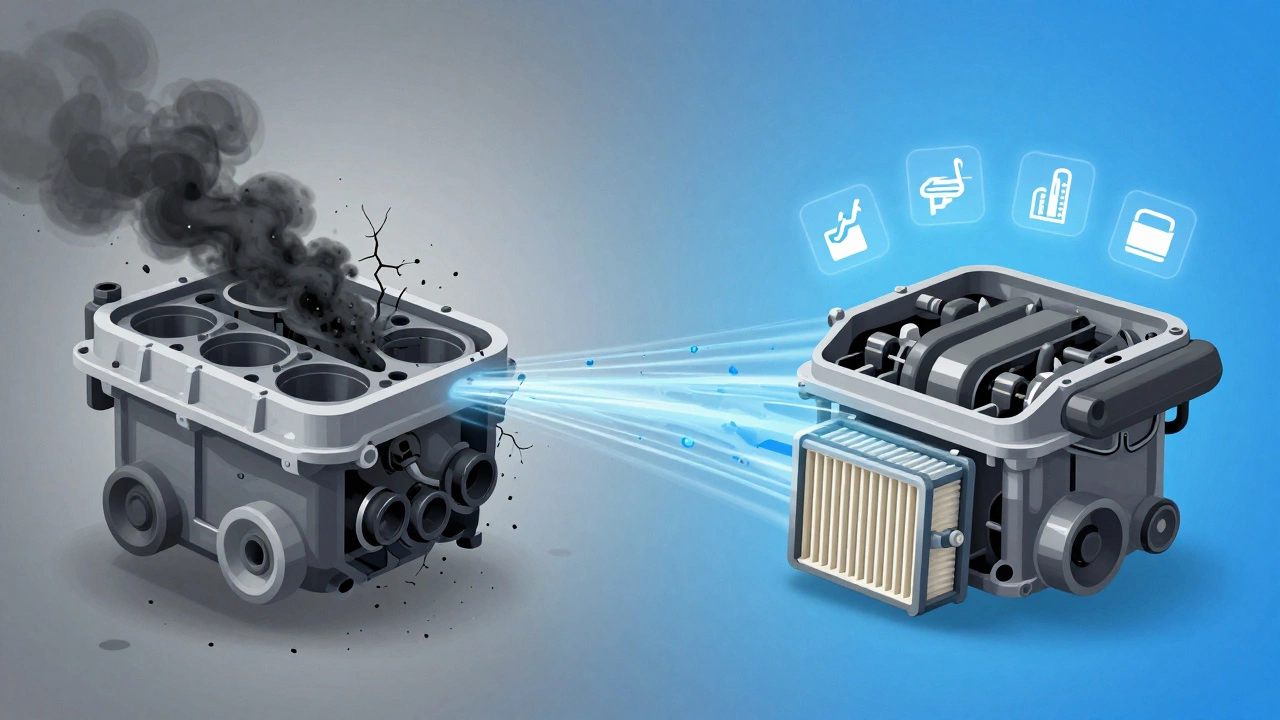 Split-screen concept: engine damage from no filter versus smooth airflow with a clean filter.