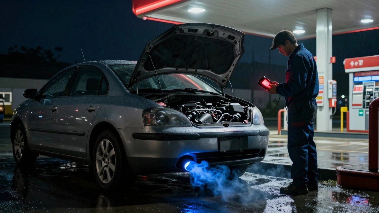 Stranded car at night with blue smoke and mechanic inspecting a cracked engine under flickering light.