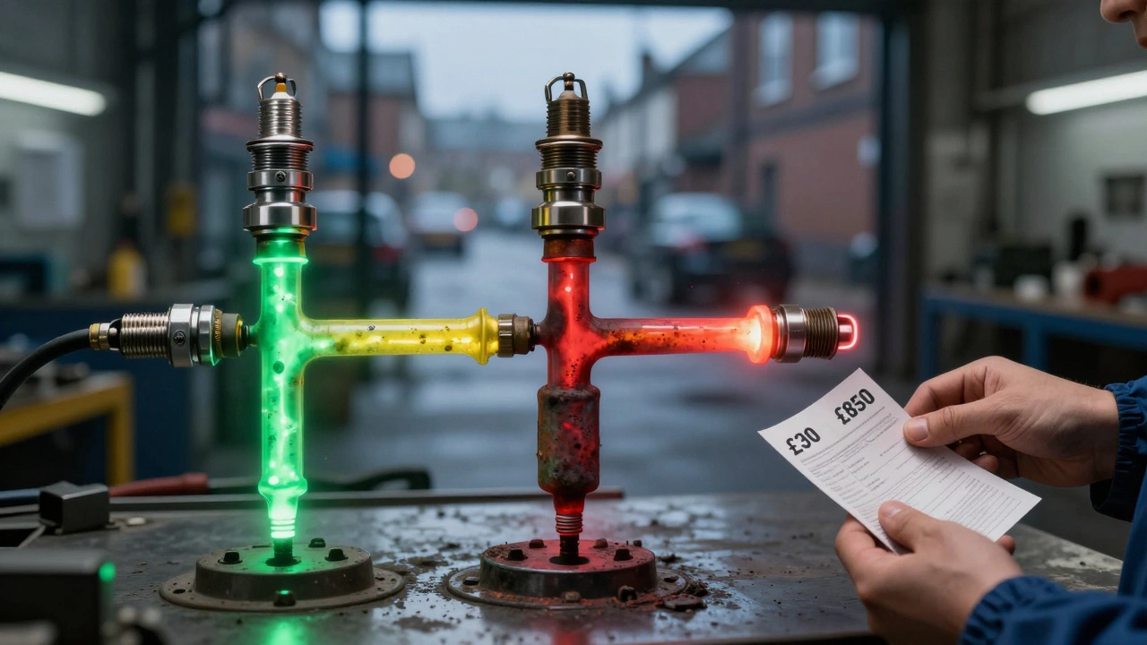 Three spark plugs leading to different outcomes: instant start, damaged converter, and cost comparison.