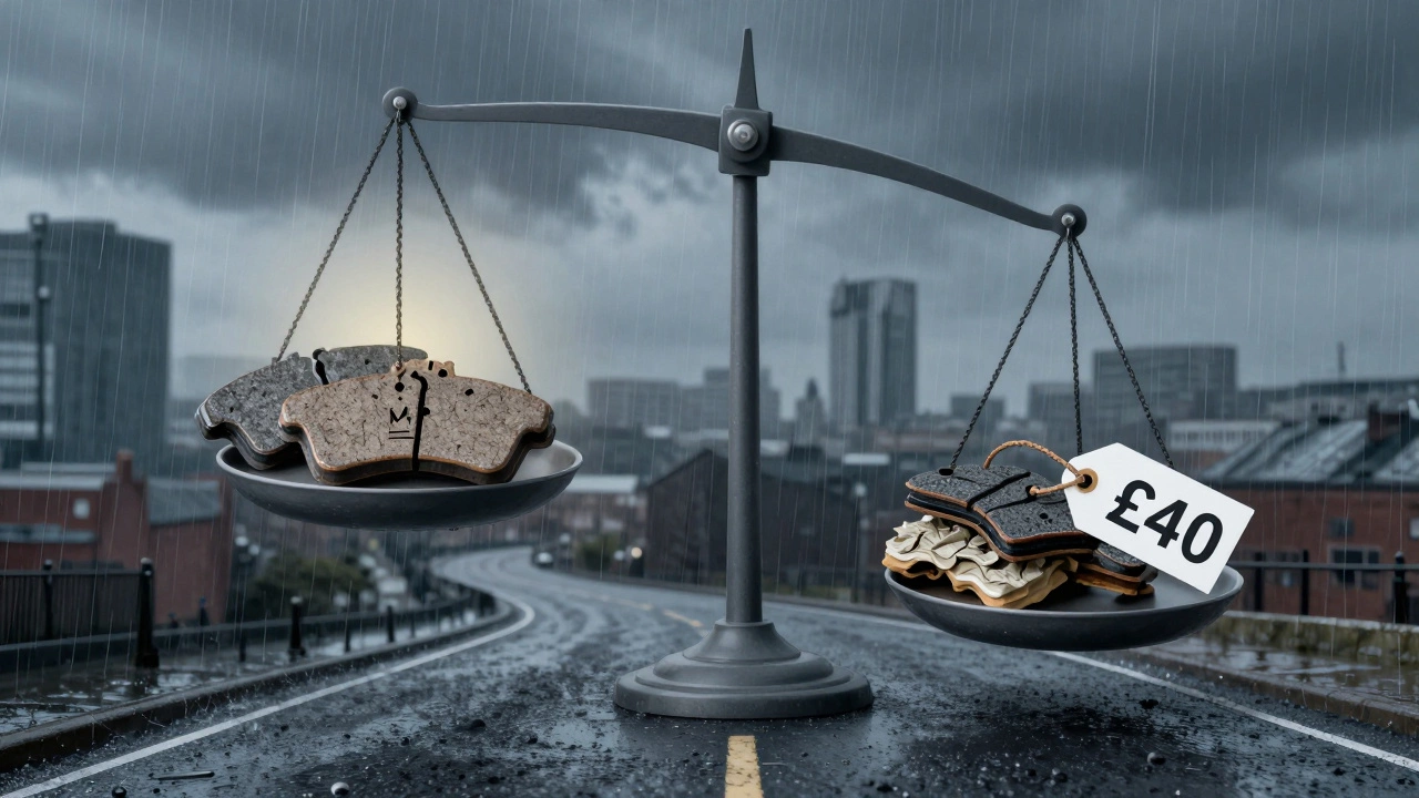 Balanced scale comparing cheap vs premium brake pads with rainy Manchester backdrop