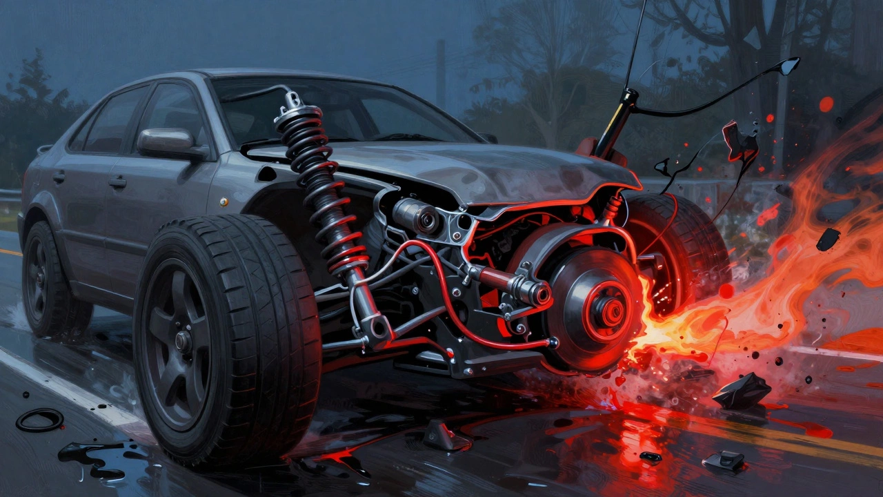 Cross-section of failing shock absorber causing tire loss of contact and overheated brakes.