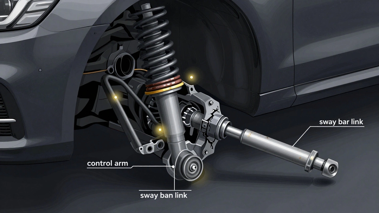 Cutaway illustration of worn suspension components: cracked bushings, loose ball joint, leaking shock.