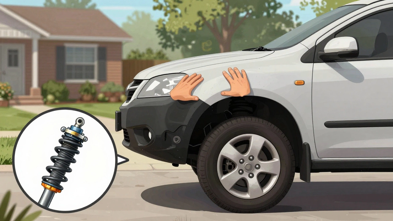 Driver pressing down on car fender to test shocks, with a magnified view of worn suspension parts.