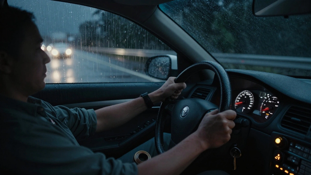 Driver struggling to control a car veering on a rainy highway, with a damaged bushing on the seat.
