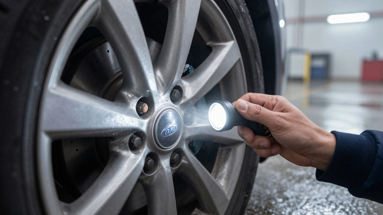 Driver using a flashlight to check brake pad wear through wheel spokes