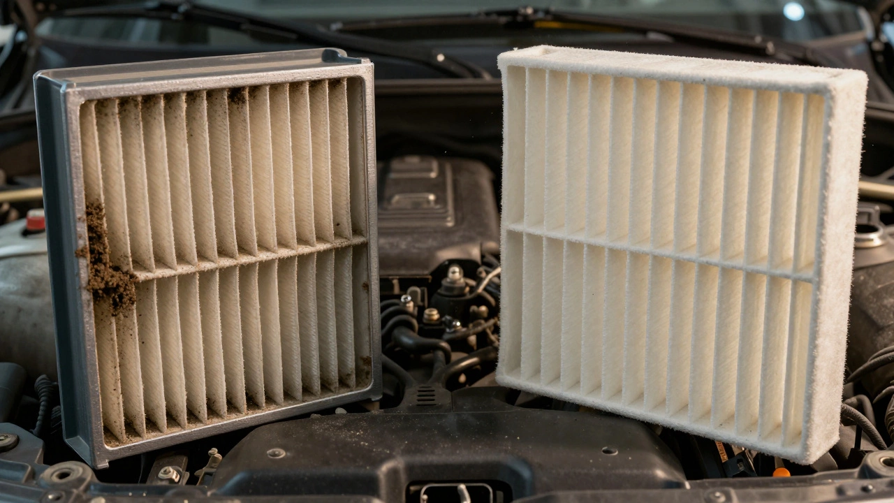 Side-by-side comparison of a clogged paper filter and a clean pleated filter in a car engine bay.