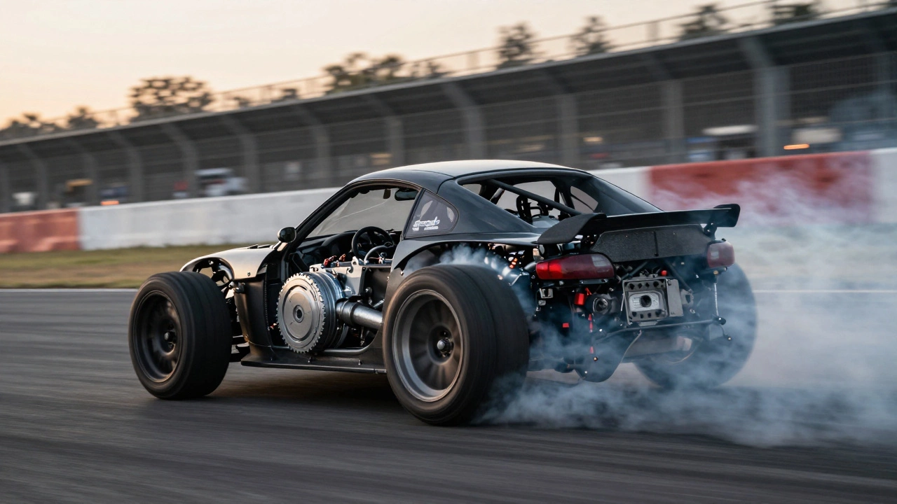 Sports car launching on a racetrack with smoke and visible clutch components under the hood