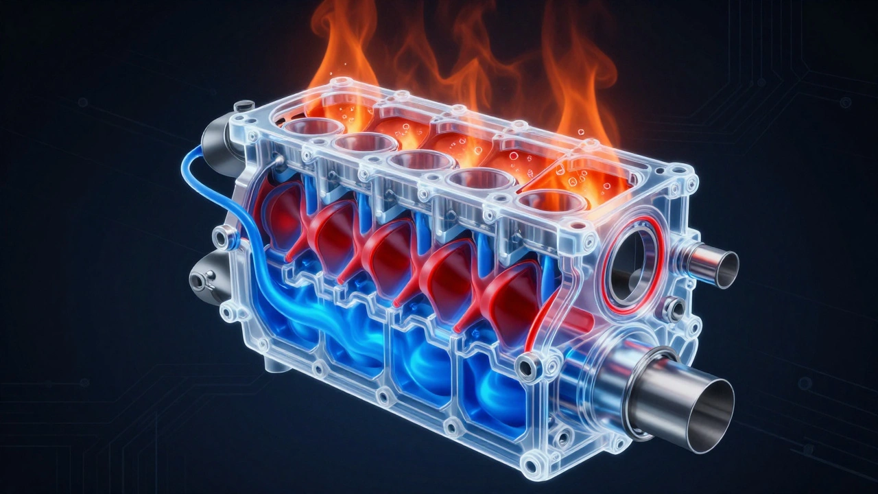 Transparent engine cross-section showing coolant and exhaust gases mixing inside the engine.