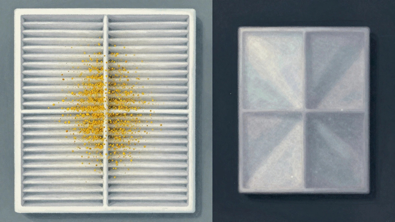 A comparison showing a pleated filter trapping dust versus a washed polarized filter with no particle retention.
