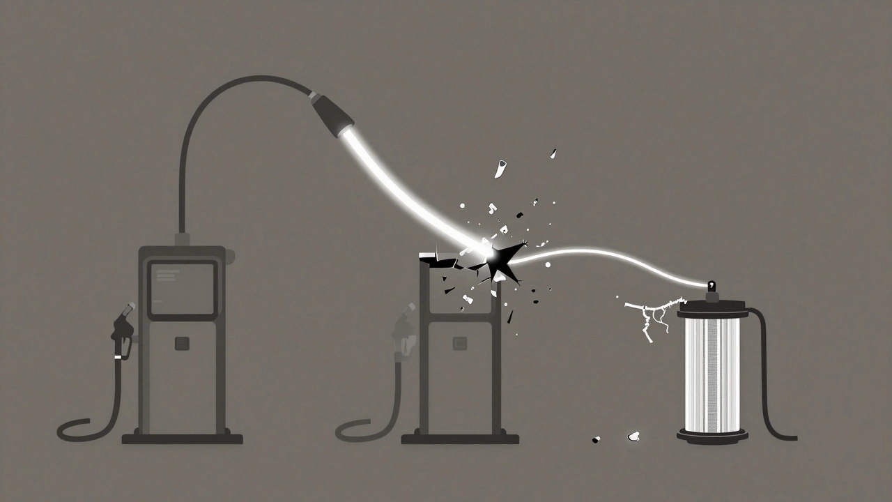 A fuel pump breaking apart as its three lifelines — fuel, electricity, and filtration — fail.