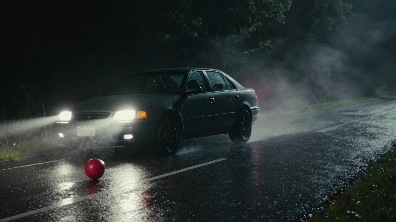 A sedan skidding on a rainy road with a child's ball rolling toward it.