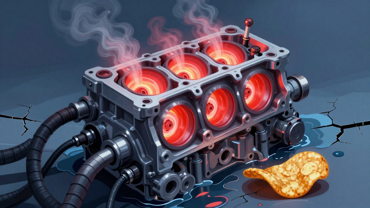 A warped engine cylinder head with coolant vapor escaping due to overheating.