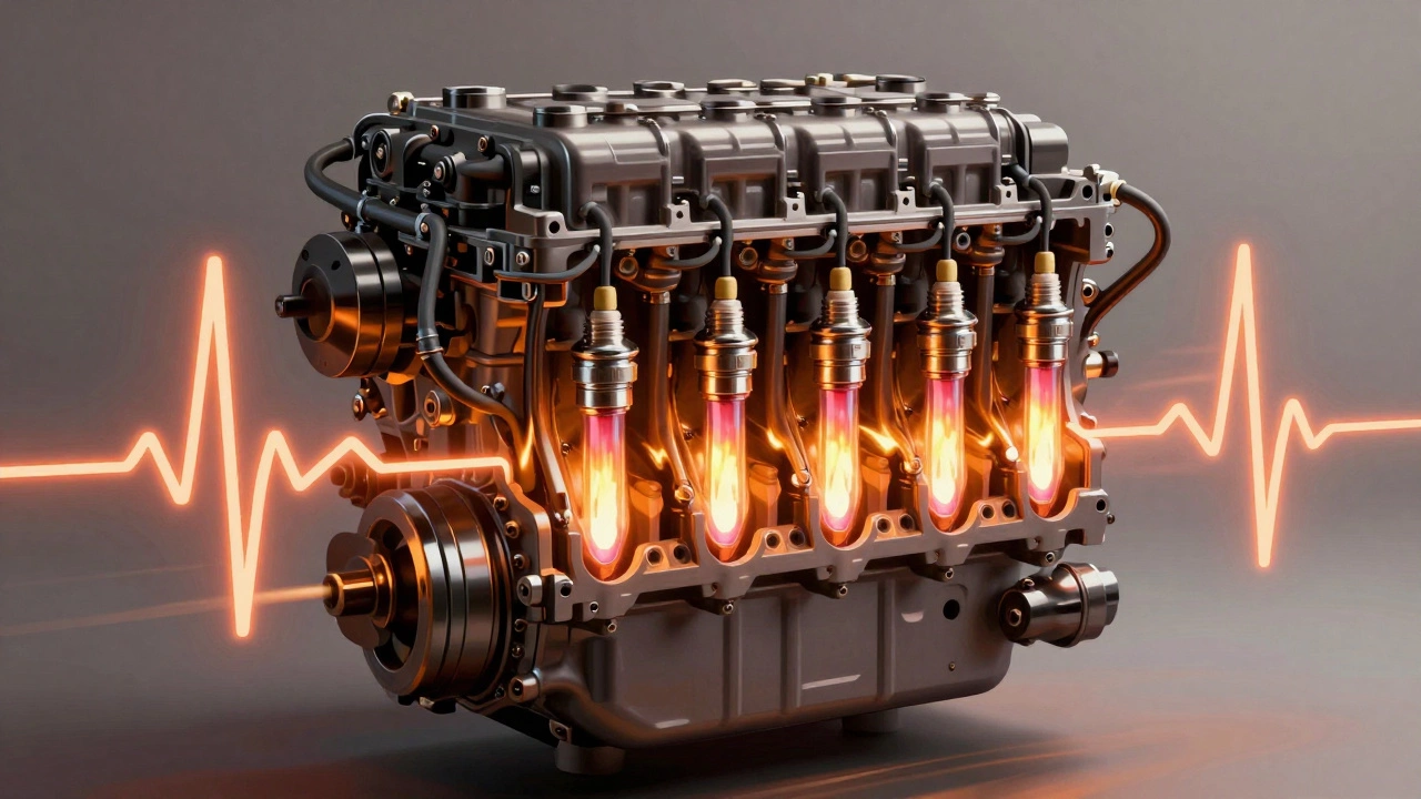 An artistic representation of spark plugs pulsing like a heartbeat within an engine, driving pistons with continuous combustion.