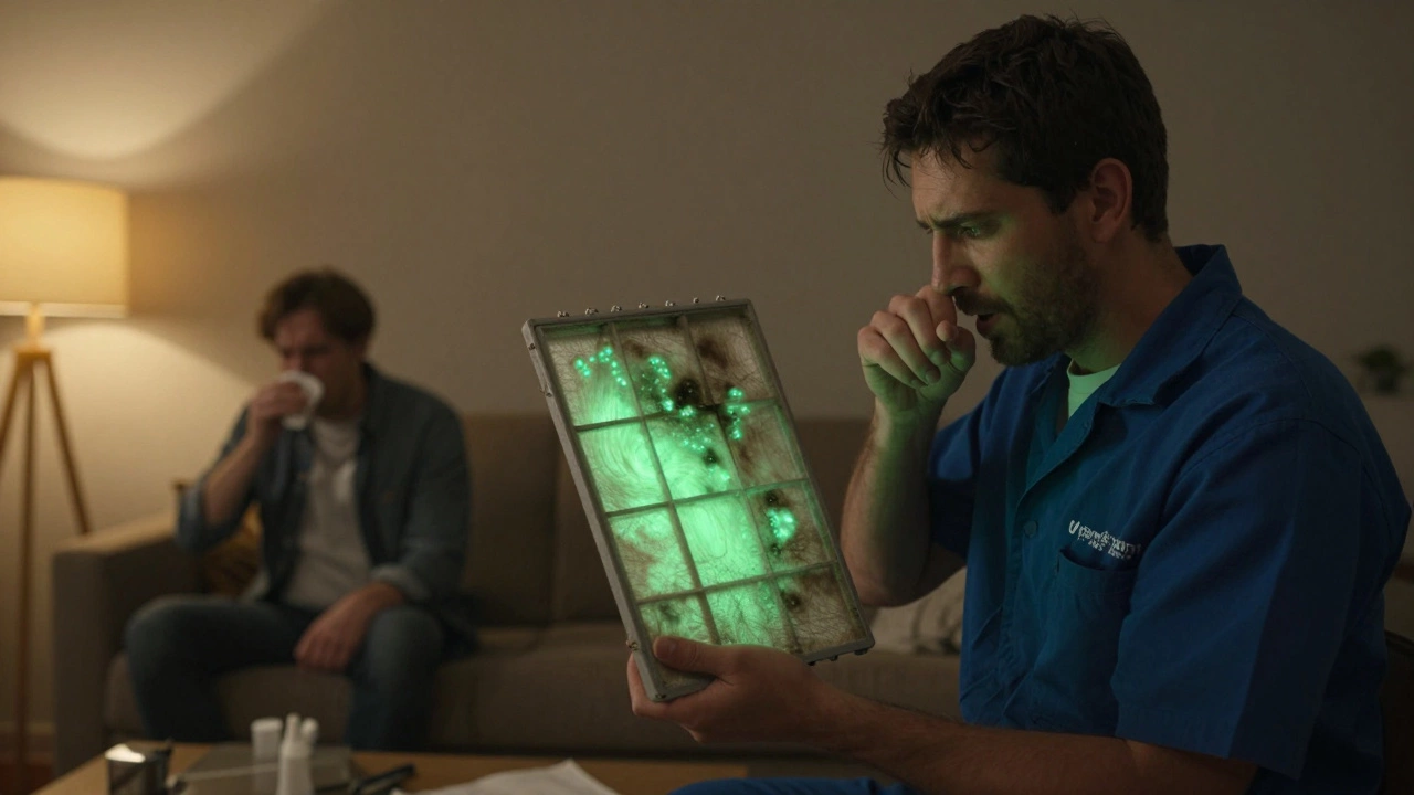 An HVAC technician holding a mold-covered polarized filter while a homeowner coughs in a dusty room.