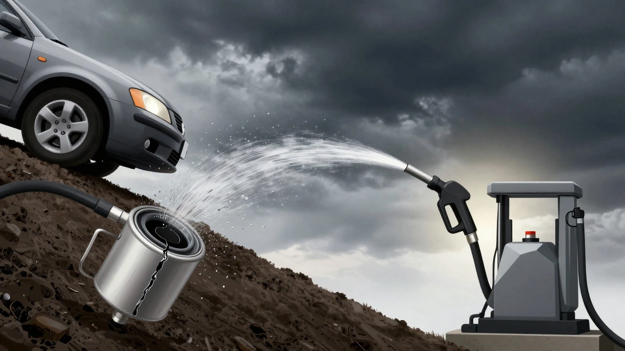 Car climbing a hill with contrasting fuel flow: weak stream from clogged filter versus strong flow from healthy pump.