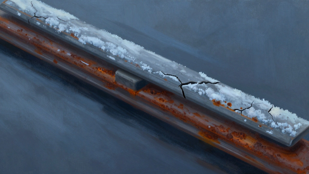 Cracked rubber wiper blade with frost and corrosion streaks