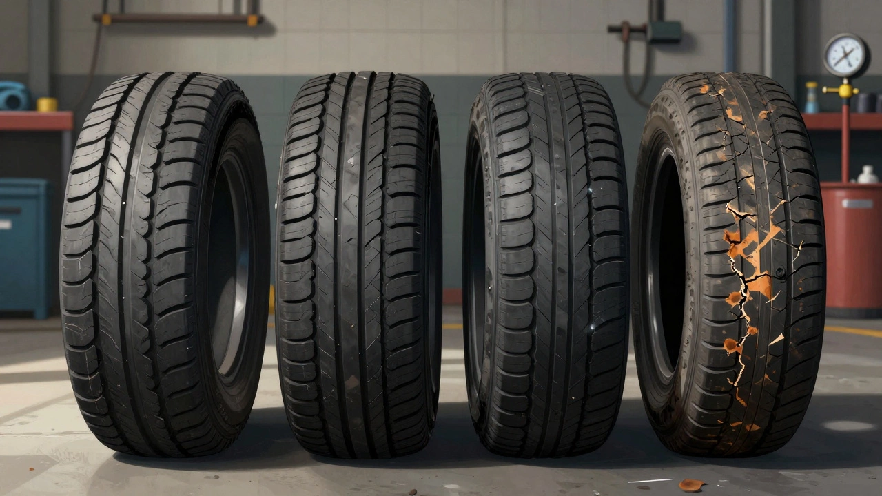 Four tires displaying different wear patterns: uneven edges, center wear, cupping, and dry rot cracks.