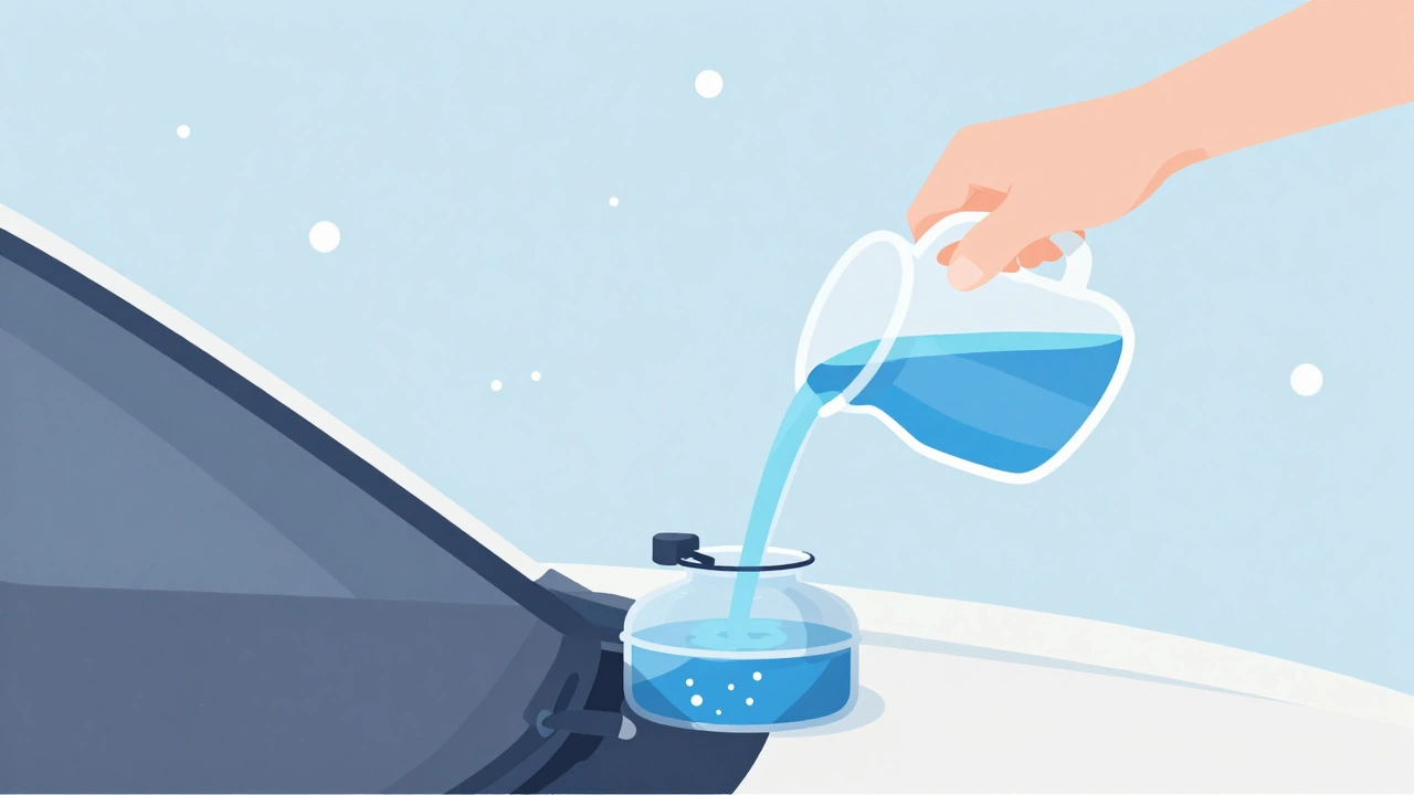 Hands pouring blue liquid into reservoir with snowflakes
