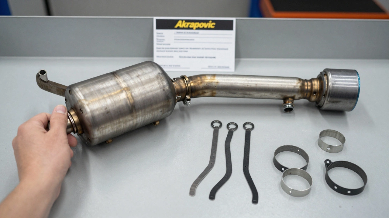 High-flow catalytic converter and complete exhaust kit laid out with hardware and warranty card.