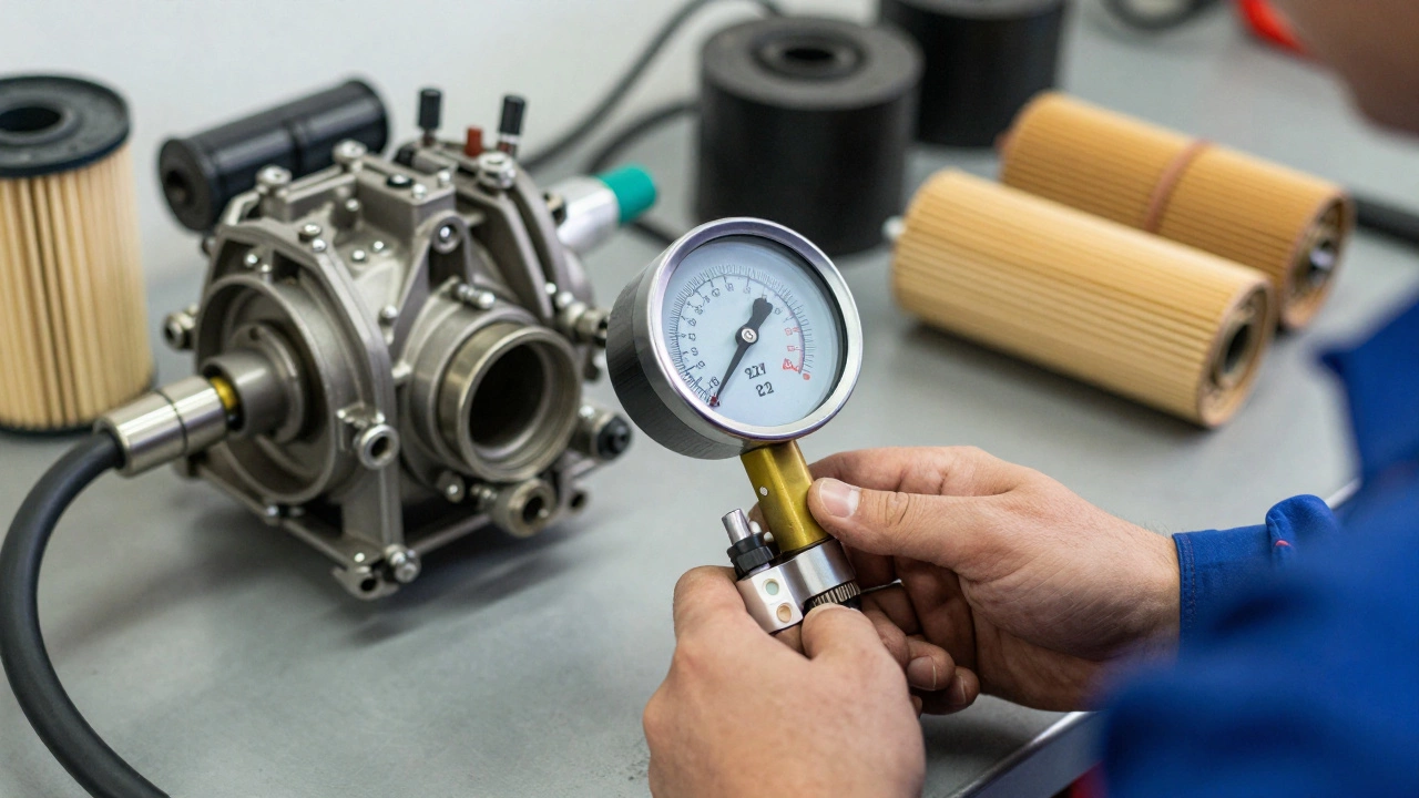 Mechanic testing fuel pressure with gauge beside a worn fuel pump on a workbench.