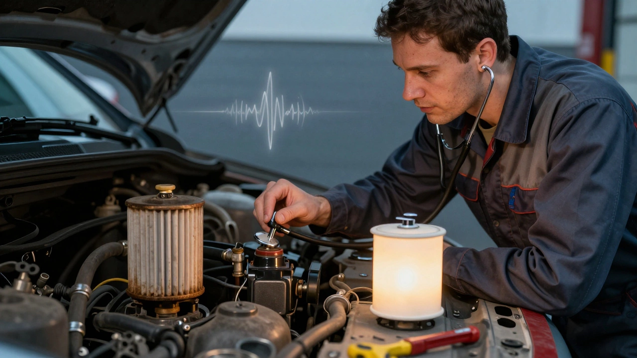 Mechanic using a stethoscope near a car's fuel tank to diagnose a failing fuel pump during ignition.